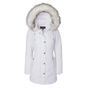 Sportoli Women Longer Length Plush Lined Quilted Winter Puffer Coat Zip-Off Faux Fur Trim Hood - 1 of 4