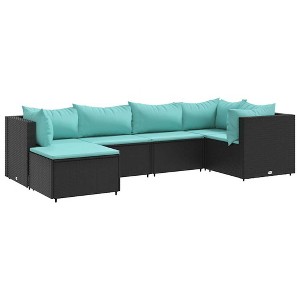 vidaXL Patio Lounge Set with Cushions Black Poly Rattan - Black and Blue 3x Corner 2x Middle Footrest - 1 of 4