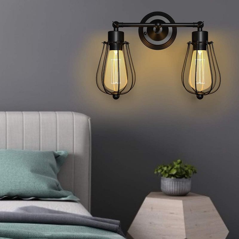 Costway Wall Sconce Wall Light Fixture Black Metal Industrial Vintage Rustic Retro Style Indoor Outdoor Wall Lamp Bar Loft Wire Cage with Bulb, 5 of 10