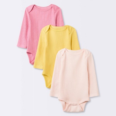 Baby Girls' 3pk Long Sleeve Waffle Bodysuit - Cloud Island™ Pink 12M