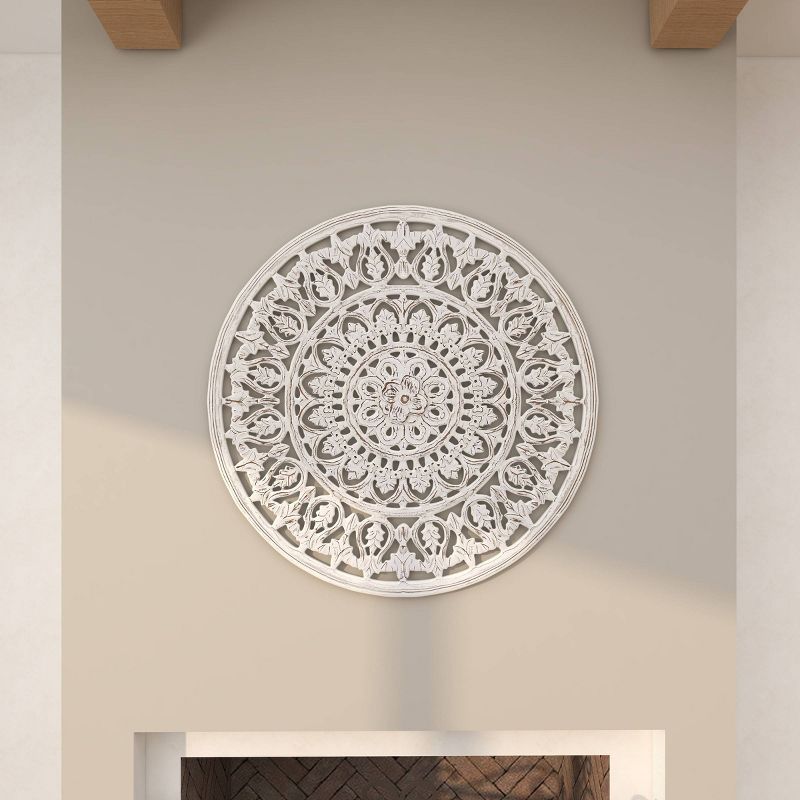 Wood Floral Handmade Intricately Carved Wall Decor with Mandala Design White - Olivia &#38; May, 5 of 20