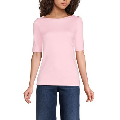 Lands' End Women's Supima Cotton Elbow Sleeve Boatneck Button Shoulder Tee