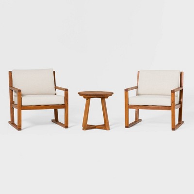 Saracina Home 3pc Modern Slat-Back Acacia Outdoor Conversation Set with Cushions 
