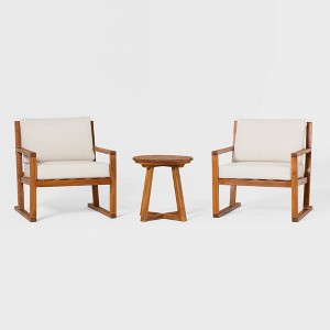 Saracina Home 3pc Modern Slat-Back Acacia Outdoor Conversation Set with Cushions 
 - 1 of 4