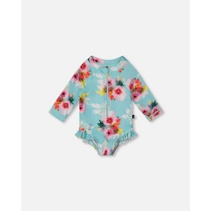 Deux par Deux Girl Printed One-Piece Rashguard with Frills Turquoise and Pink Flowers - 1 of 4