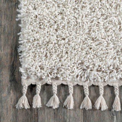 Ivory Rectangular Braided Shag Area Rug with Tassels