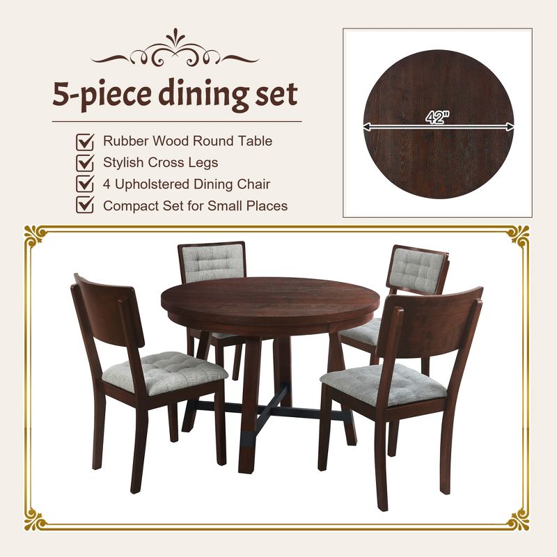 5 PCS Round Dining Table Set with Cross Legs and 4 Upholstered Chairs-ModernLuxe, 4 of 14
