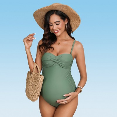 Women's Sage Green Twist Front Ruched Design Back Cutout Maternity One-Piece Swimsuit - Cupshe