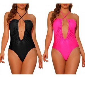 Elerevyo Women's Criss Cross Halter Cutout Drawstring Plunge Swimwear Bathing Suit Monokini 1 Piece 2 Sets - 1 of 4