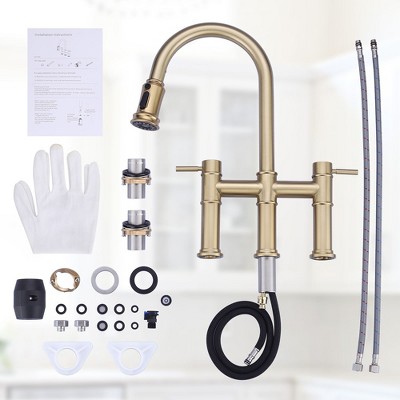 Gold Brass Double Handle Bridge Kitchen Faucet with Pull Down Sprayer