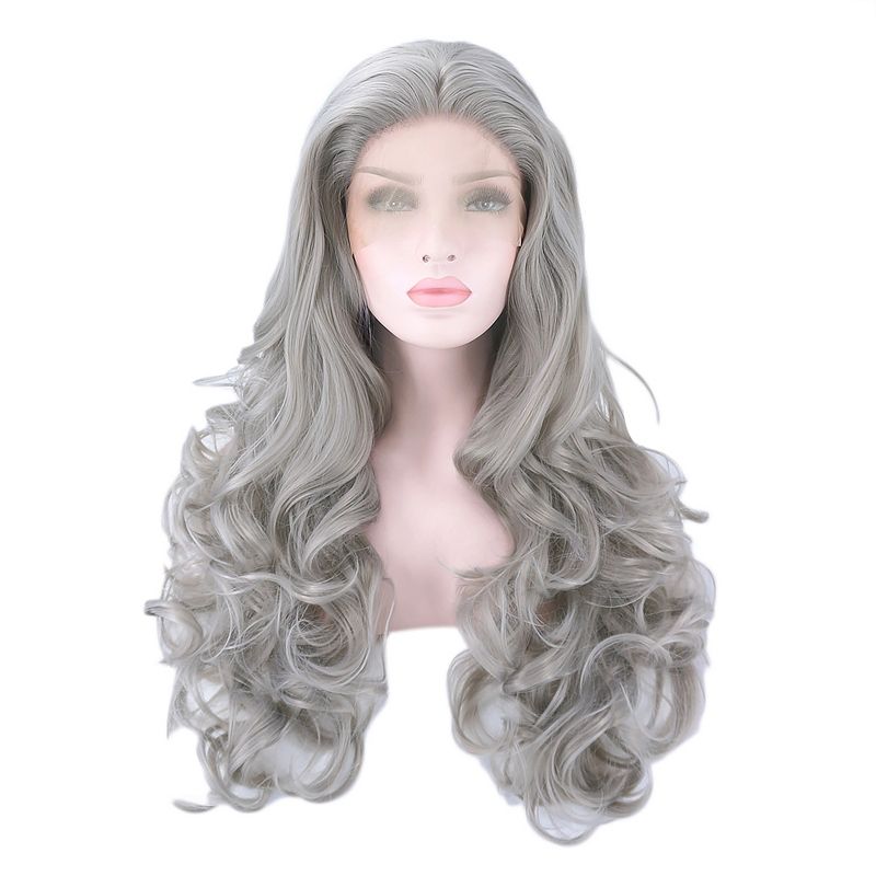 Unique Bargains Long Body Wave Lace Front Wigs Women's with Wig Cap 24" Gray Synthetic Fibre 1PC, 1 of 6