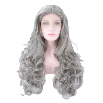 Unique Bargains Long Body Wave Lace Front Wigs Women's with Wig Cap 24" Gray Synthetic Fibre 1PC