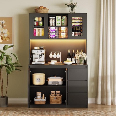 Kitchen Pantry Cabinet with LED Lights and Charging Station