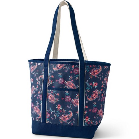 Lands' End Small Print Zip Top Canvas Tote Bag - - Deep Sea Navy Classic  Floral