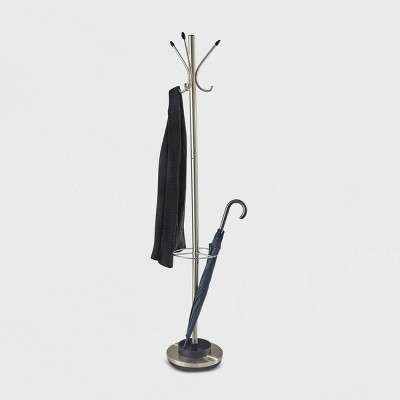 Tall Silver Steel Coat Rack with Umbrella Stand and Black Accents