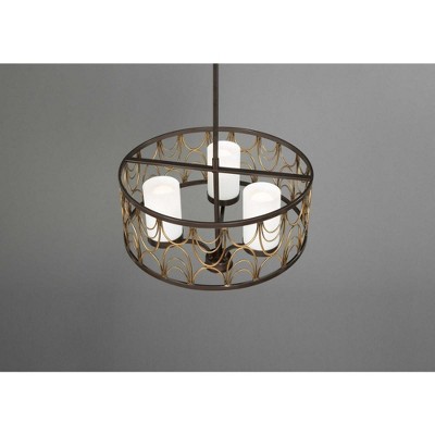 Antique Bronze Drum Chandelier with Etched White Glass