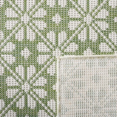 Green and Ivory Hand-Knotted Synthetic Runner Rug