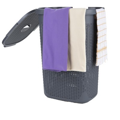 Gray Collapsible Wicker Design Upright Laundry Hamper with Lid
