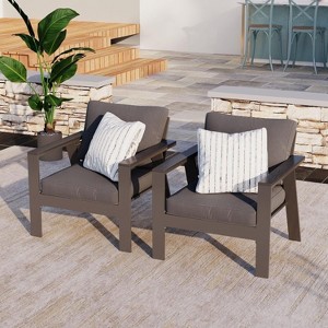 Heynemo 2 Pcs Aluminum Outdoor Patio Furniture Armchair With Faux Wooden Sofa Chair Sets, Removable Cushions, Ideal for Patio, Balcony - 1 of 4