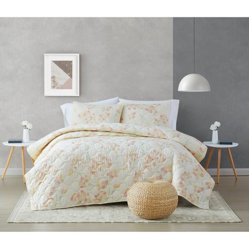 Laura Ashley Breezy Floral 3 Pc King Quilt Set, Pastel Grey