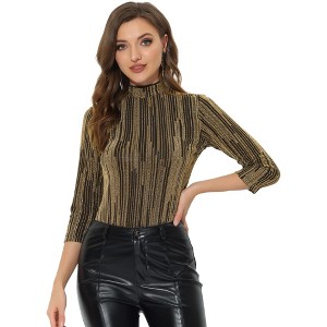INSPIRE CHIC Women's Party Glitter 3/4 Sleeve Stand Up Neck Shiny Striped Metallic Blouse - 1 of 4