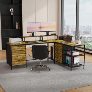 Okak 114IN Industrail L-Shaped Office Desk, Computer Desk with 6 Drawers, 3 Shelves and Movable Monitor Stands, Desk for Home, Office, Brown - 1 of 4