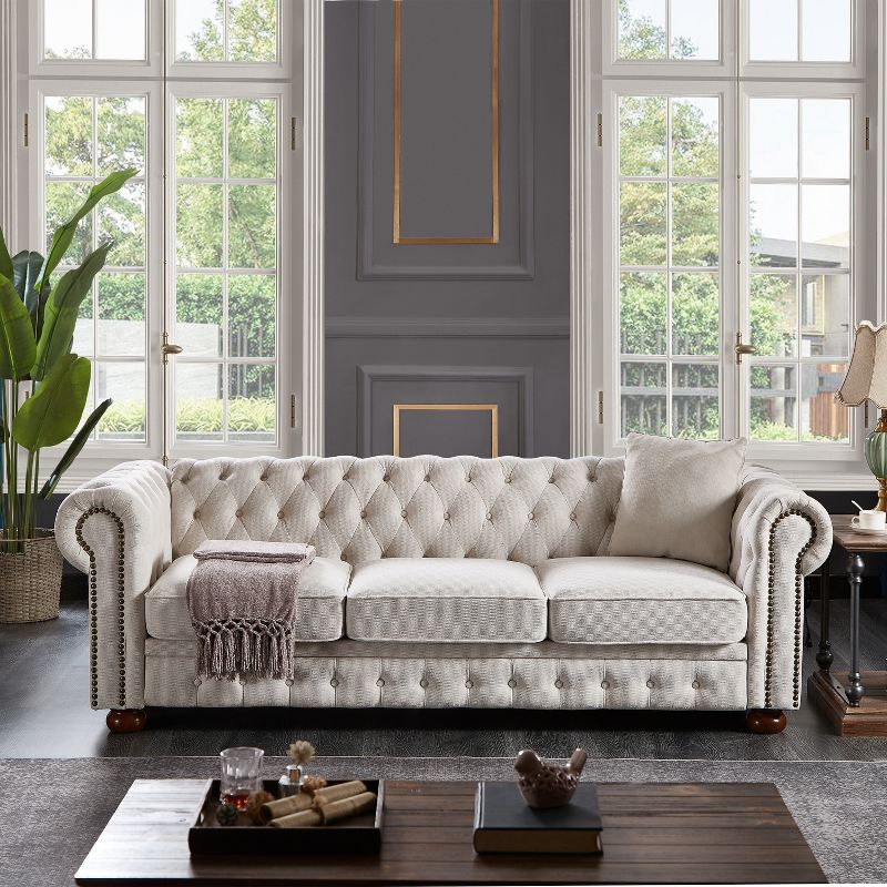 Chesterfield Linen Tufted Nailhead Upholstered Sofa with Wooden Legs - ModernLuxe, 2 of 12