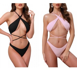 INSPIRE CHIC Women's Criss Cross Backless Ribbed Strappy Top Triangle Bottom Swimwear Bikini Suits 2 Sets - 1 of 4