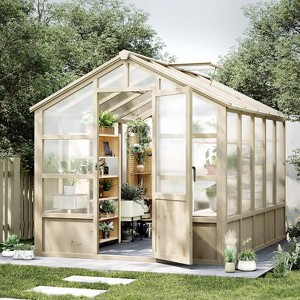 Acekool 8x10FT Cedar Greenhouse - Wood Frame with Polycarbonate Panels & Adjustable Vent - 1 of 4