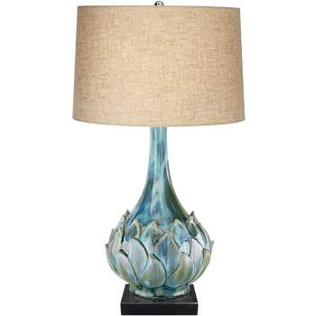 Possini Euro Design Kenya Modern Table Lamp with Square Black Riser 29 1/2" Tall Blue Green Ceramic Beige Linen Drum Shade for Living Room House Home