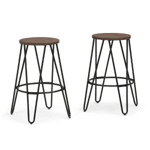 Industrial Metal and Wood Counter Stool with Round Wood Seat, Hairpin Legs, and Footrest, Set of 2 for Kitchen, Bar, or Condo - 1 of 4