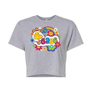 Women's - Peanuts - Peace Floral & Colorful Woodstock Cropped Graphic T-Shirt - 1 of 4
