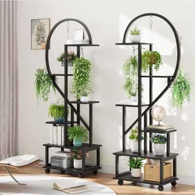 2 Pack 6 Tier Tall Plant Stand Metal Indoor Plant Stand with Detachable Wheels Half Heart Shape Plant Stands