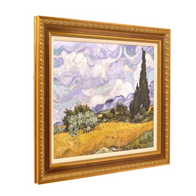 Golden Ornate Framed Wheat Field with Cypresses Canvas Print
