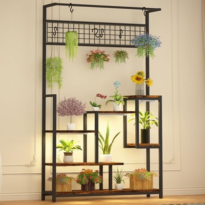 Plant Shelf with Grow Light, Tall Plant Stand Indoor, 7 Tiered Large Metal Shelf with Hanging Hooks
