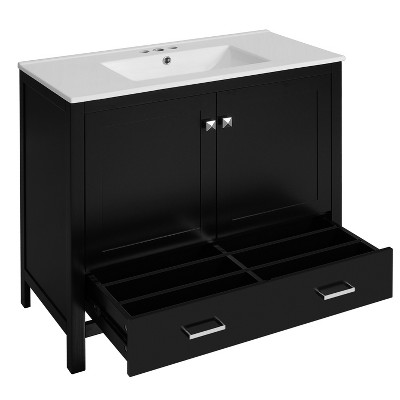 Chery Life 36" in Black Modern Bathroom Cabinet with Ceramic Sink, Soft-Close Doors, Double Storage Shelves & Divided Drawer