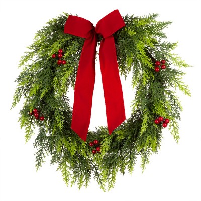 24" Unlit Feel Real Christmas Cypress Artificial Wreath with Red Bow & Berries - National Tree Company