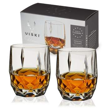 Viski Reserve Cocktail Glasses - Crystal Whiskey Glasses or Rocks Glasses - Ornate Cut Crystal Glasses 11oz Set of 2