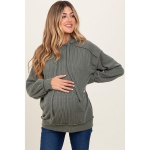 Pinkblush Olive Ribbed Front Pocket Maternity Drawstring Hoodie - 1 of 4