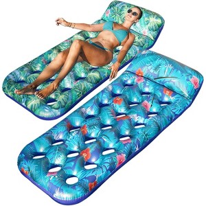 Jasonwell Inflatable Pool Floats, 2 Pack Large Raft with Headrest for Adults, Tanning Lounger Cooling Floaties, Monstera Green & Blue - 1 of 4