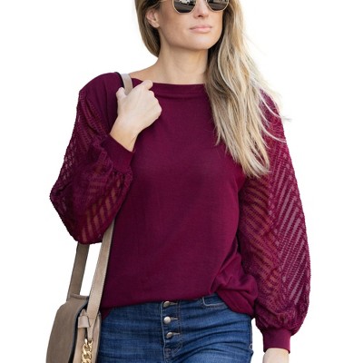 Amaryllis Women's Boat Neck Top with Sheer Textured Chevron Balloon Sleeves Relaxed Fit Versatile Pullover