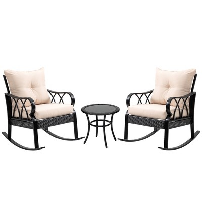 Outsunny 3-Piece Rocking Chair Bistro Set, Wicker Conversation Set, Outdoor Patio Rattan Furniture Set with Tempered Glass Side Table, Khaki