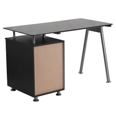 Sleek Black Tempered Glass 50.5'' Computer Desk with Three-Drawer Pedestal