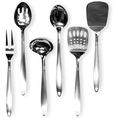 CHEF CRAFT 6pc Stainless Steel Kitchen Cooking Tool Set - Solid Turner, Slotted Turner, Basting Spoon, Slotted Spoon, Serving Fork & Ladle Silver