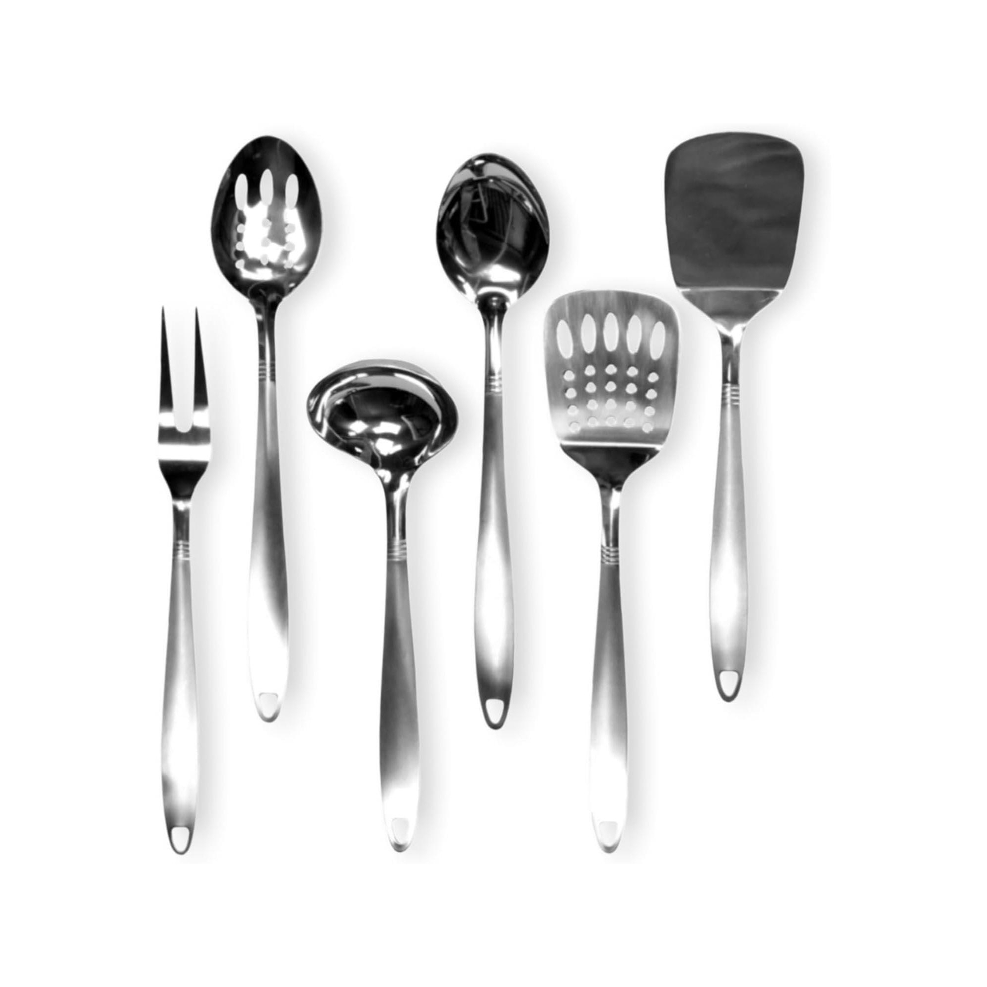 Chef Craft 6pc Stainless Steel Kitchen Cooking Tool Set - Solid Turner, Slotted Turner, Basting Spoon, Slotted Spoon, Serving Fork & Ladle Silver