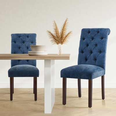 Set of 2 Tufted Upholstered Dining Chairs with High Back and Wood Legs, Fabric Parsons Side Chairs for Kitchen or Dining Room