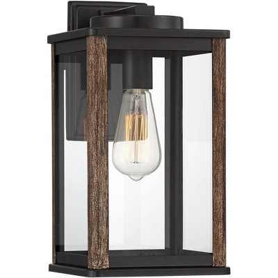 John Timberland Modern Farmhouse Outdoor Wall Light Fixture Dark Bronze Wood Grain 14 1/4" Clear Glass Panels Exterior House Porch