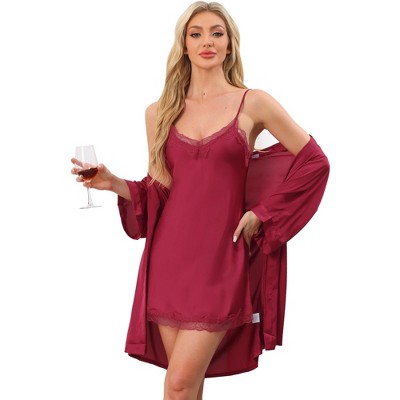 cheibear Women's Satin Robe with Belt and V-neck Lace Trim Nightshirt 2-piece Pajamas