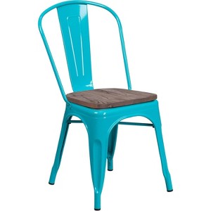 ADILE Metal Stackable Dining Chairs with Wood Seat, Teal-blue - 1 of 4