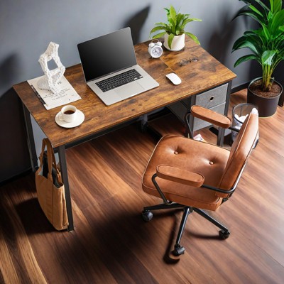 GlasFlength Desks Computer Desk with Drawers, Office Desk Headphone Hook Storage Shelf, PC Table Study Writing Table, Brown, 40 Inch